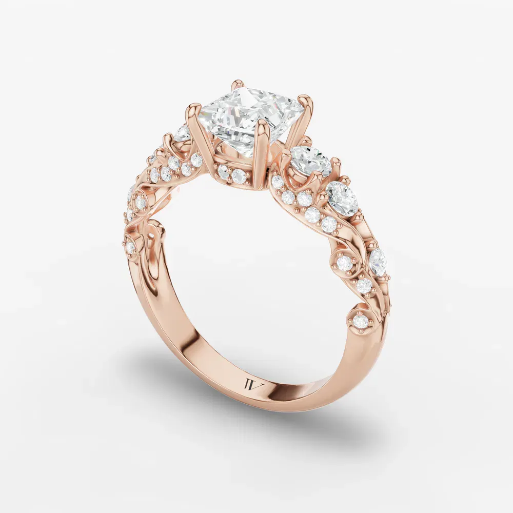 Certified 1 carat Lab Grown Diamond Princess Cut Hidden Halo, Unique, Side Stone Engagement Ring in 14K Rose Gold-Marinia