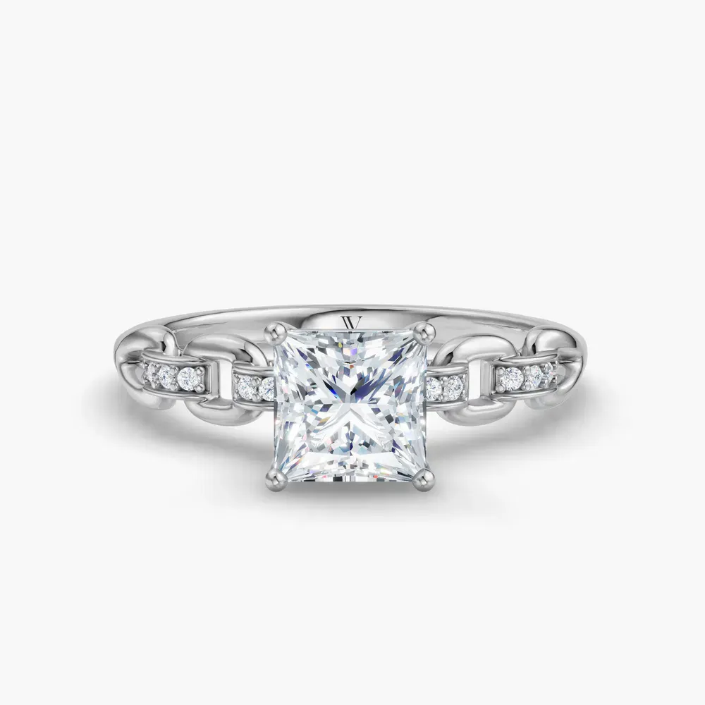 Certified 1 carat Lab Grown Diamond Princess Cut Twist, Unique, Side Stone Engagement Ring in 14K White Gold-Perenne