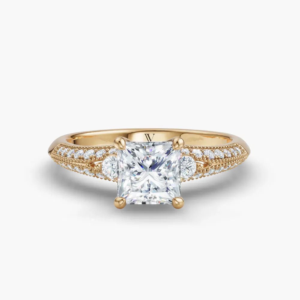 Certified 1 carat Lab Grown Diamond Princess Cut Milgrain, Three Stone, Pavé Engagement Ring in 14K Yellow Gold-Avery