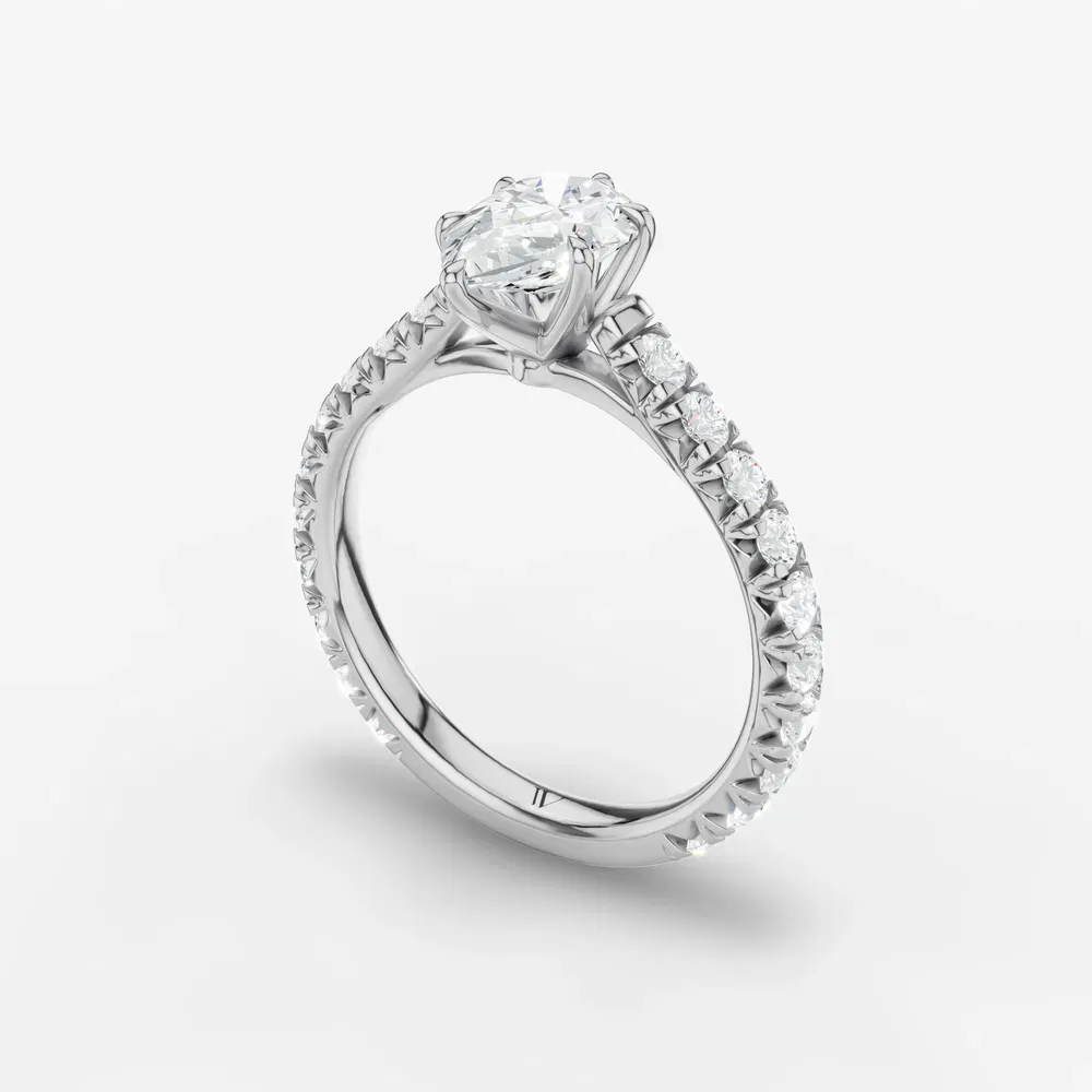 Certified 1 carat Lab Grown Diamond Pear Cut Pavé, Cathedral, Low profile Engagement Ring in Platinum-Isuo