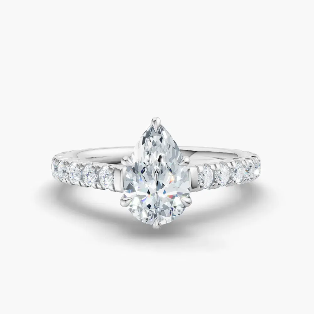 Certified 1 carat Lab Grown Diamond Pear Cut Pavé, Cathedral, Low profile Engagement Ring in Platinum-Isuo