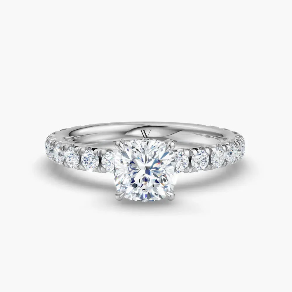 Certified 1 carat Lab Grown Diamond Cushion Cut Pavé, Hidden Halo, Low profile Engagement Ring in Platinum-Cyrra