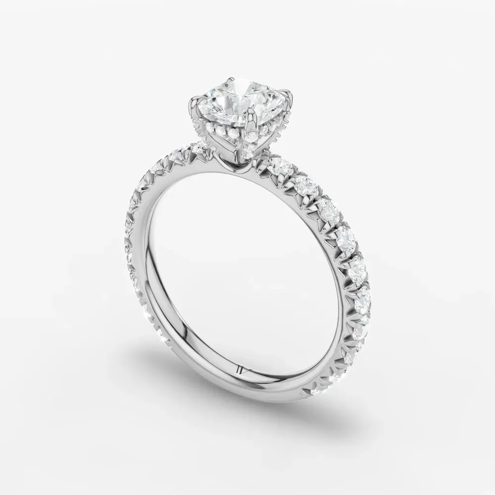 Certified 1 carat Lab Grown Diamond Cushion Cut Pavé, Hidden Halo, Low profile Engagement Ring in Platinum-Cyrra