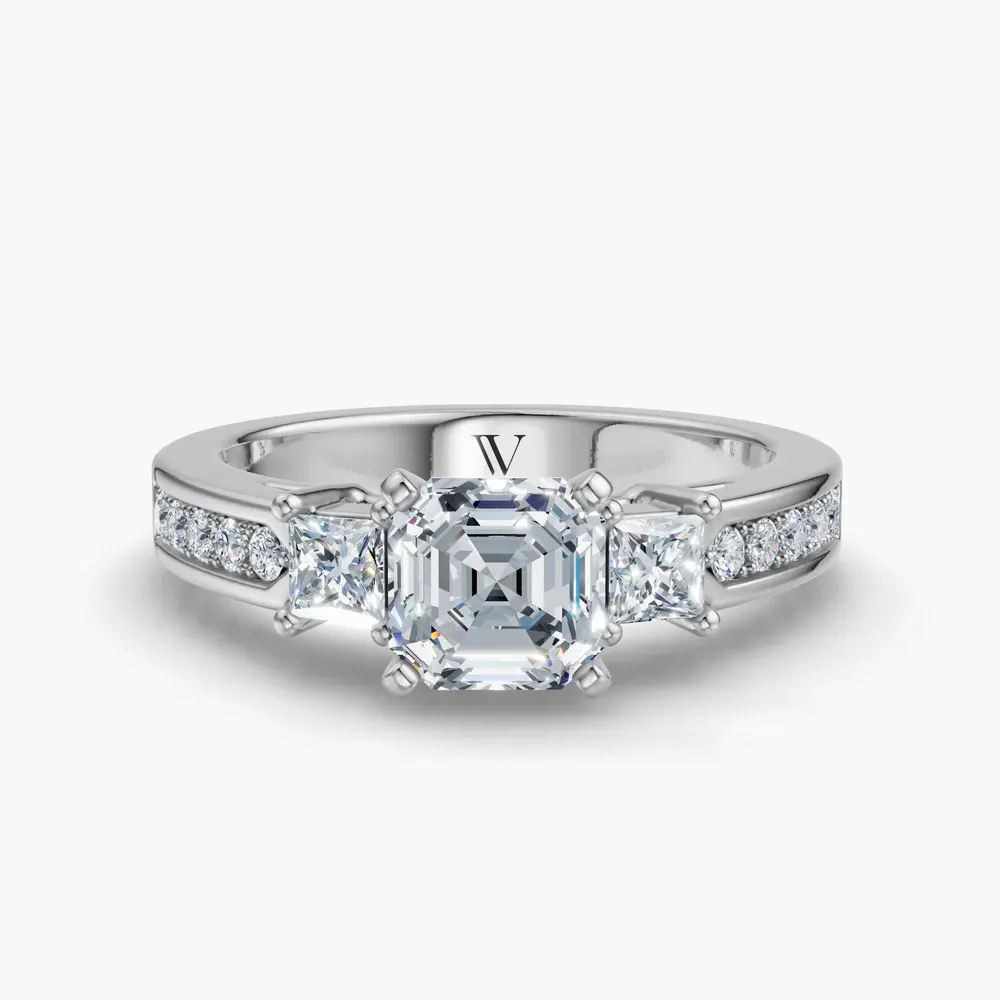 Certified 1 carat Lab Grown Diamond Asscher Cut Three Stone, Pavé, Channel Set Engagement Ring in Platinum-Velis