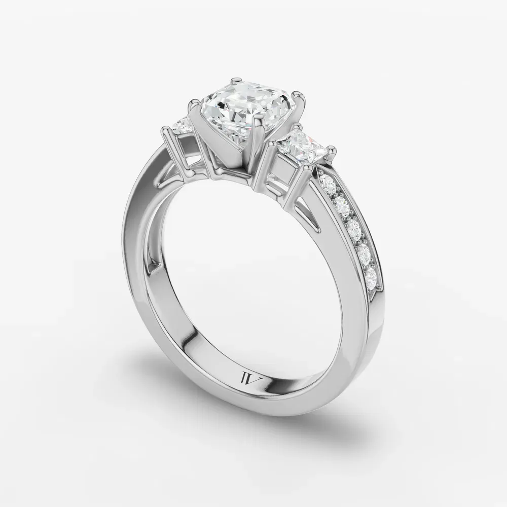 Certified 1 carat Lab Grown Diamond Asscher Cut Three Stone, Pavé, Channel Set Engagement Ring in Platinum-Velis