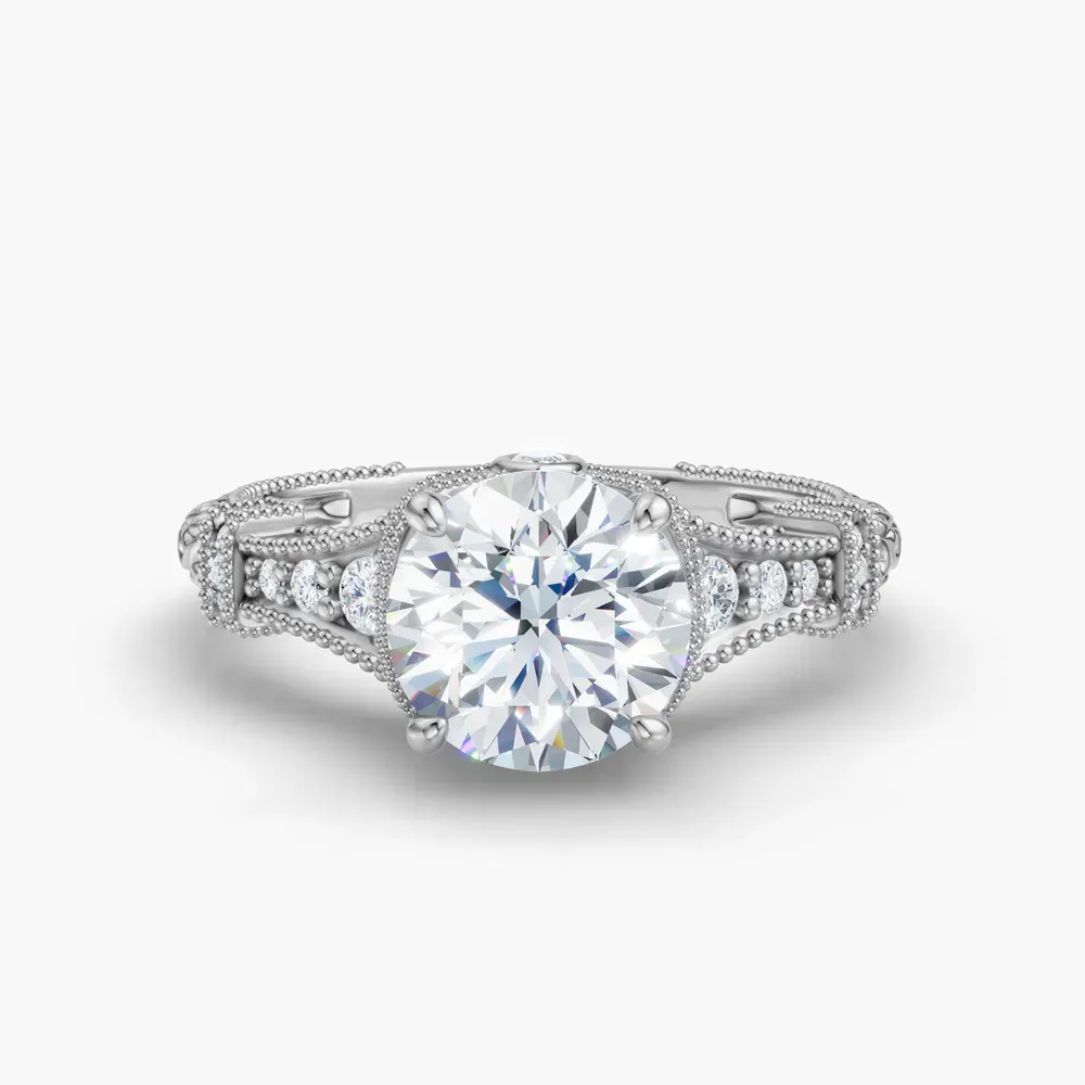 Certified 1 carat Lab Grown Diamond Round Cut Vintage, Hidden Halo, Nature inspired Engagement Ring in Platinum-Whisper