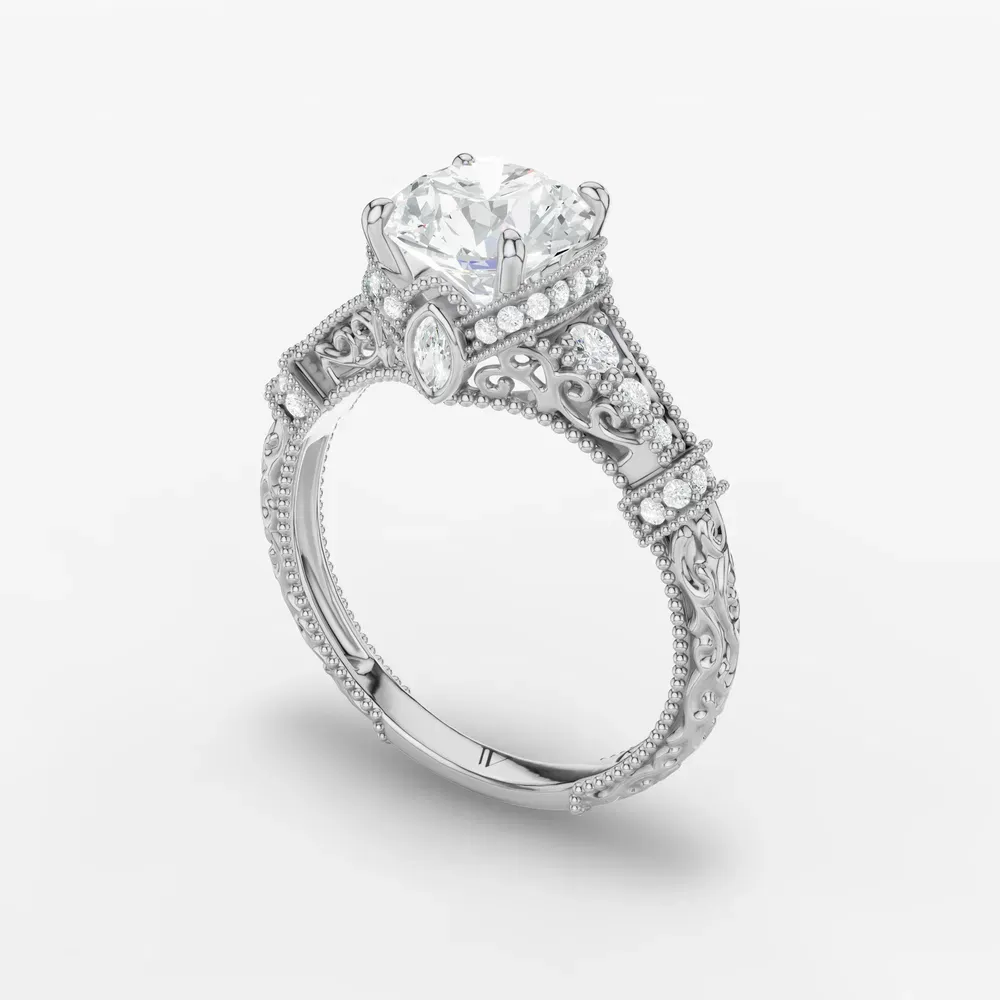 Certified 1 carat Lab Grown Diamond Round Cut Vintage, Hidden Halo, Nature inspired Engagement Ring in Platinum-Whisper