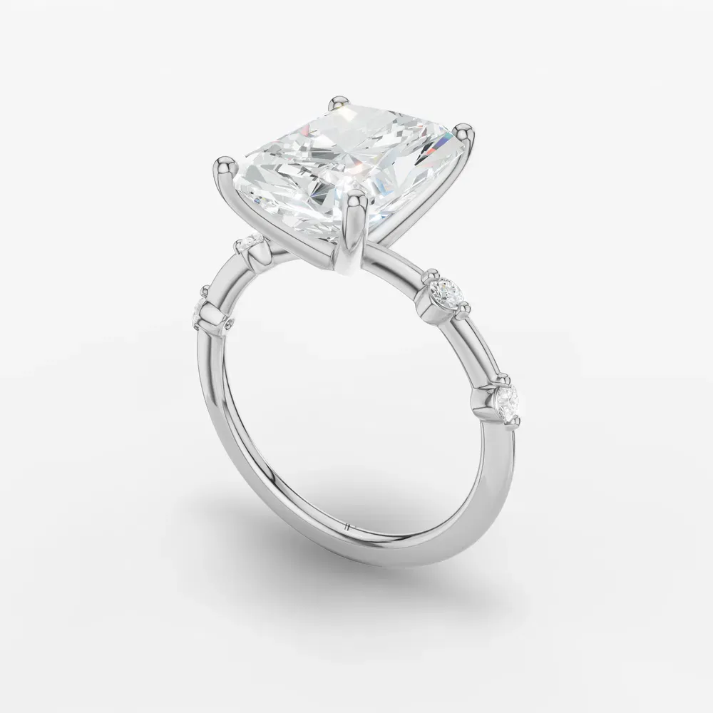 Certified 4 carat Lab Grown Diamond Radiant Cut Low profile, Side Stone Engagement Ring in 14K White Gold-Hriw