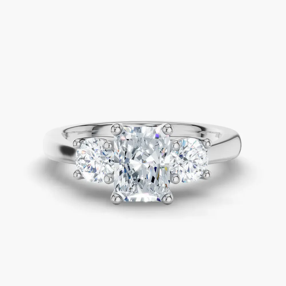 Certified 4 carat Lab Grown Diamond Radiant Cut Three Stone, Side Stone, Low profile Engagement Ring in 14K White Gold-Valeri