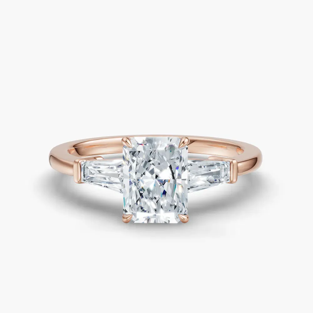 Certified 4 carat Lab Grown Diamond Radiant Cut Three Stone, Baguette, Cathedral Engagement Ring in 14K Rose Gold-Glyss