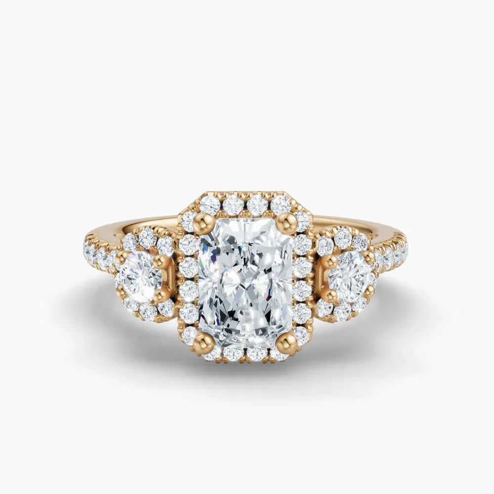 Certified 4 carat Lab Grown Diamond Radiant Cut Three Stone, Halo, Hidden Halo Engagement Ring in 14K Yellow Gold-Hylor