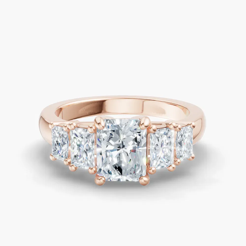 Certified 4 carat Lab Grown Diamond Radiant Cut Five Stone, Side Stone Engagement Ring in 14K Rose Gold-Velaris