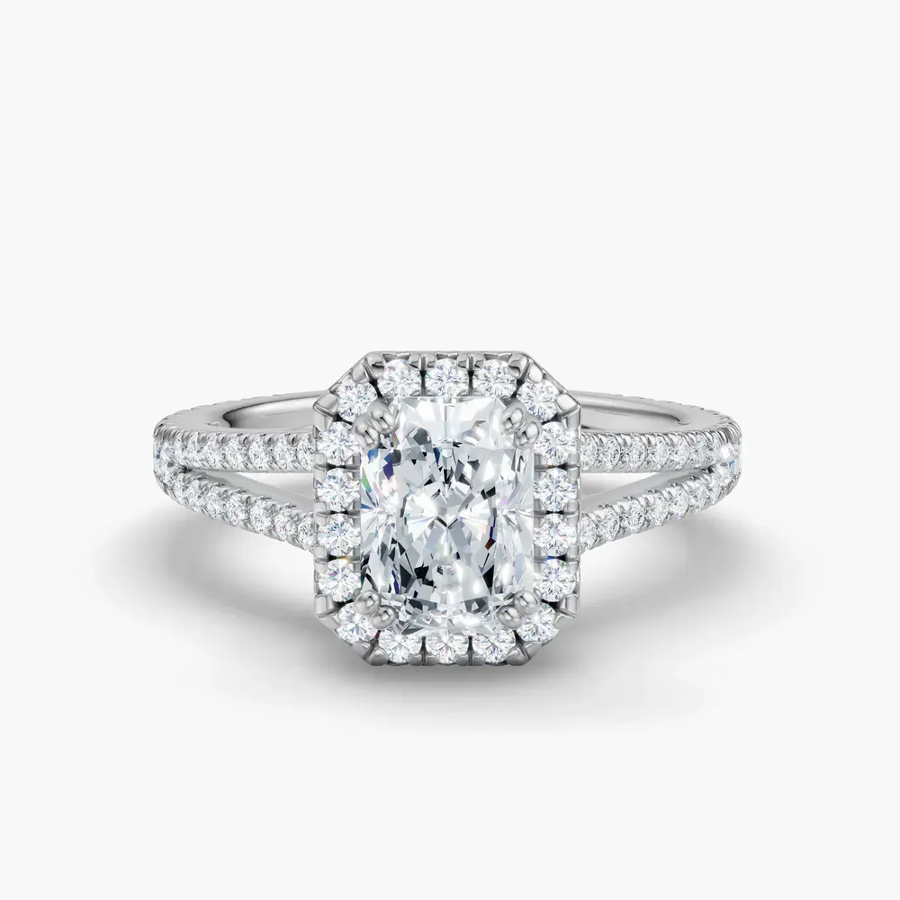Certified 4 carat Lab Grown Diamond Radiant Cut Pavé, Halo, Cathedral Engagement Ring in 14K White Gold-Gexis