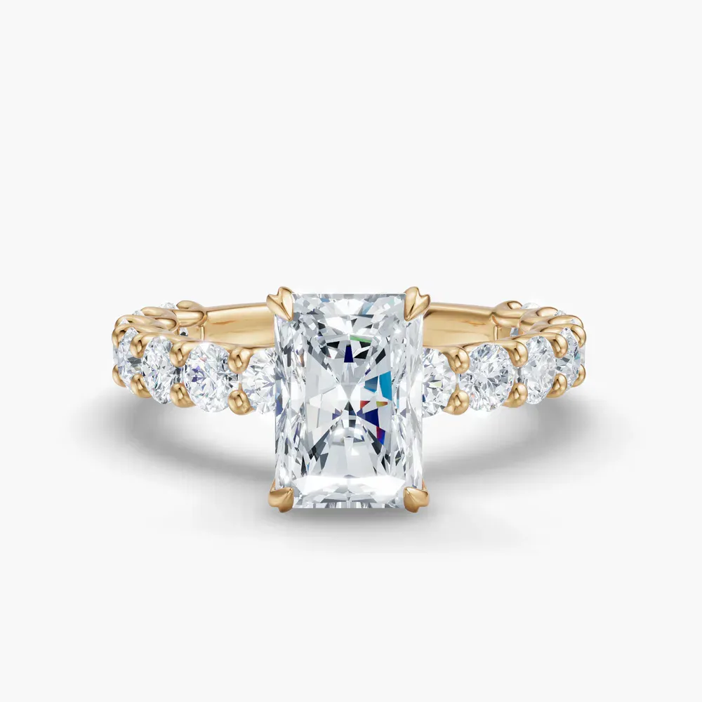Certified 4 carat Lab Grown Diamond Radiant Cut Hidden Halo, Side Stone Engagement Ring in 14K Yellow Gold-Miro