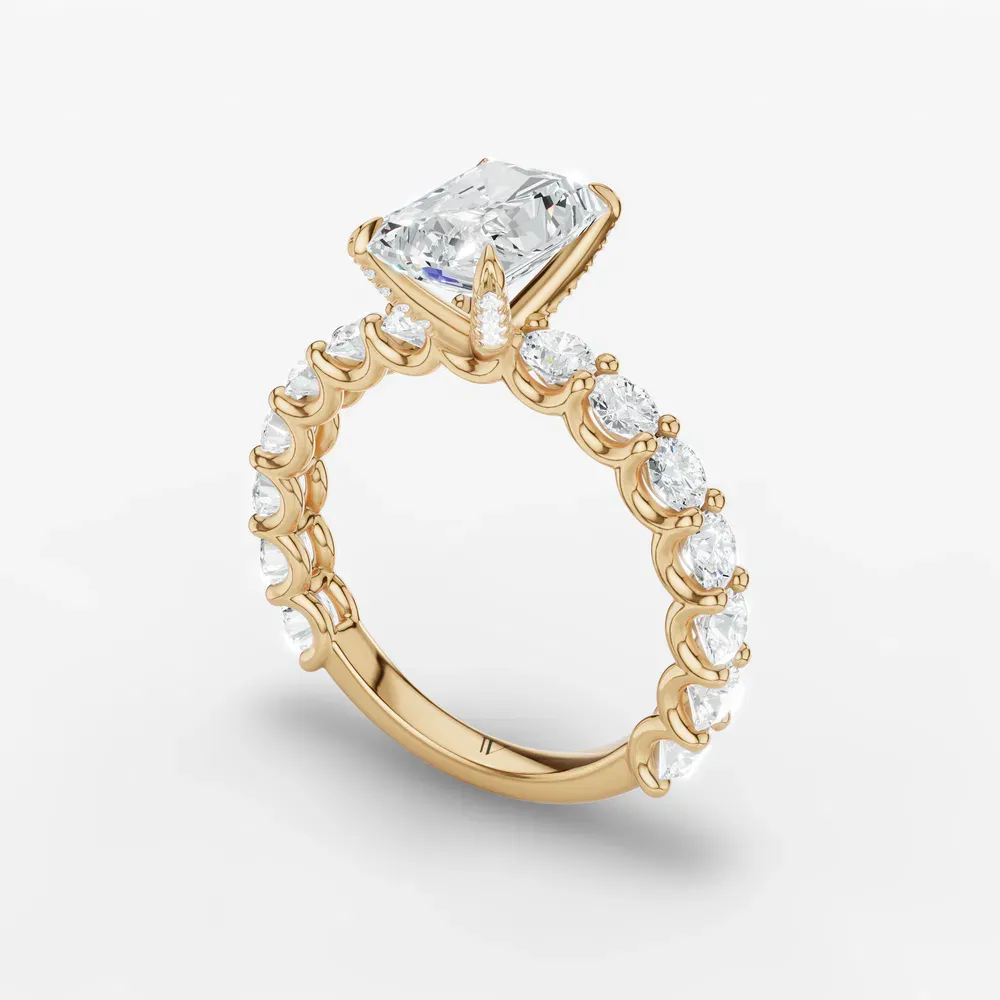 Certified 4 carat Lab Grown Diamond Radiant Cut Hidden Halo, Side Stone Engagement Ring in 14K Yellow Gold-Miro