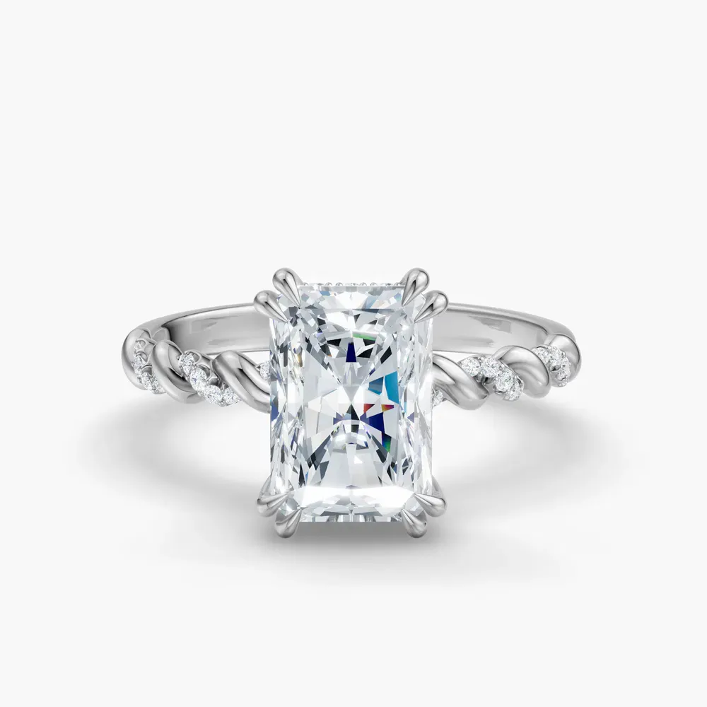 Certified 4 carat Lab Grown Diamond Radiant Cut Pavé, Hidden Halo, Twist Engagement Ring in 14K White Gold-Lior