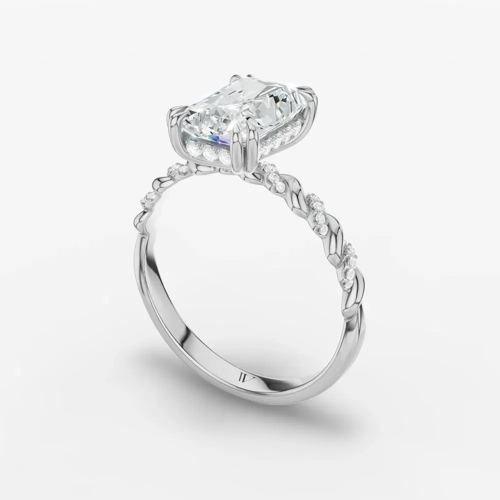Certified 4 carat Lab Grown Diamond Radiant Cut Pavé, Hidden Halo, Twist Engagement Ring in 14K White Gold-Lior