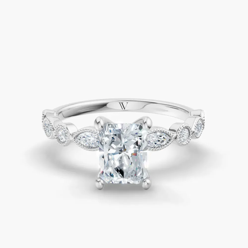 Certified 4 carat Lab Grown Diamond Radiant Cut Vintage, Milgrain, Side Stone Engagement Ring in 14K White Gold-Sior
