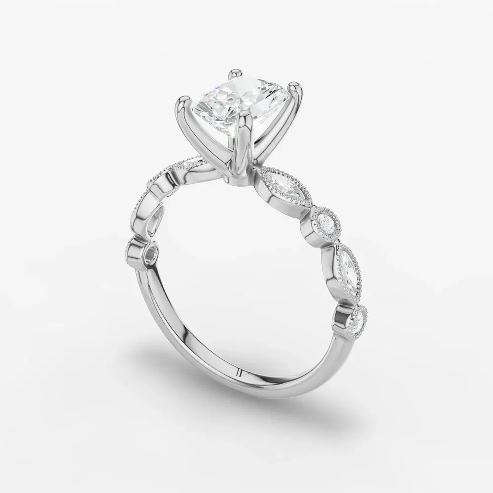Certified 4 carat Lab Grown Diamond Radiant Cut Vintage, Milgrain, Side Stone Engagement Ring in 14K White Gold-Sior
