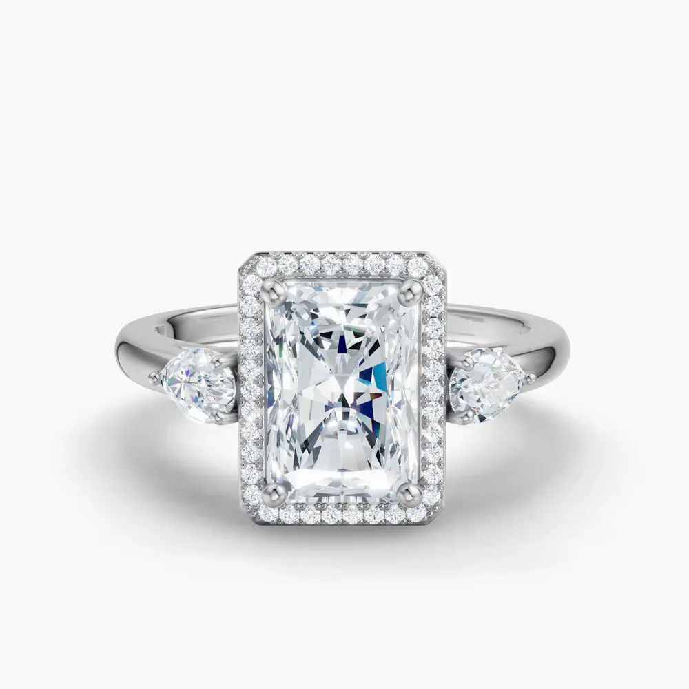 Certified 4 carat Lab Grown Diamond Radiant Cut Halo, Cathedral, Three Stone Engagement Ring in 14K White Gold-Daren