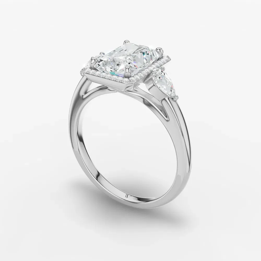 Certified 4 carat Lab Grown Diamond Radiant Cut Halo, Cathedral, Three Stone Engagement Ring in 14K White Gold-Daren