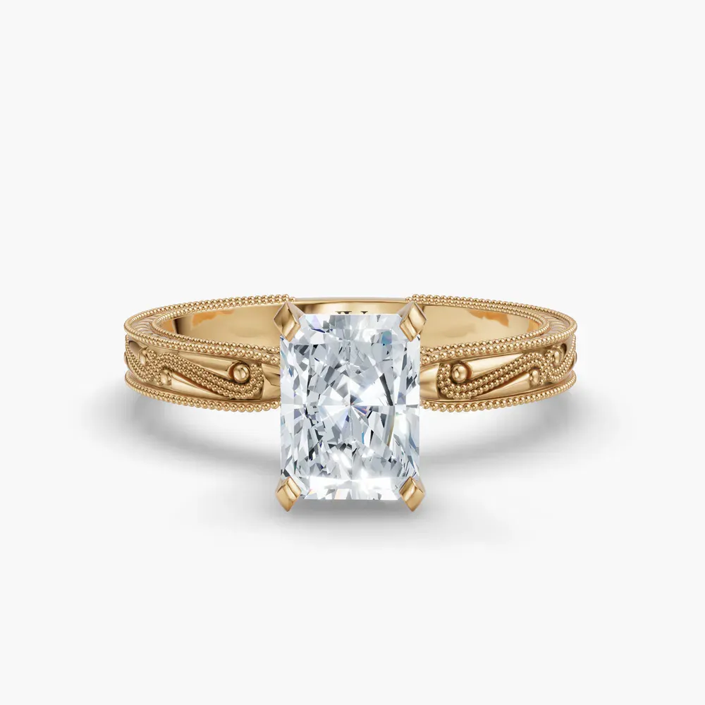 Certified 4 carat Lab Grown Diamond Radiant Cut Solitaire, Milgrain, Vintage Engagement Ring in 14K Yellow Gold-Lirae