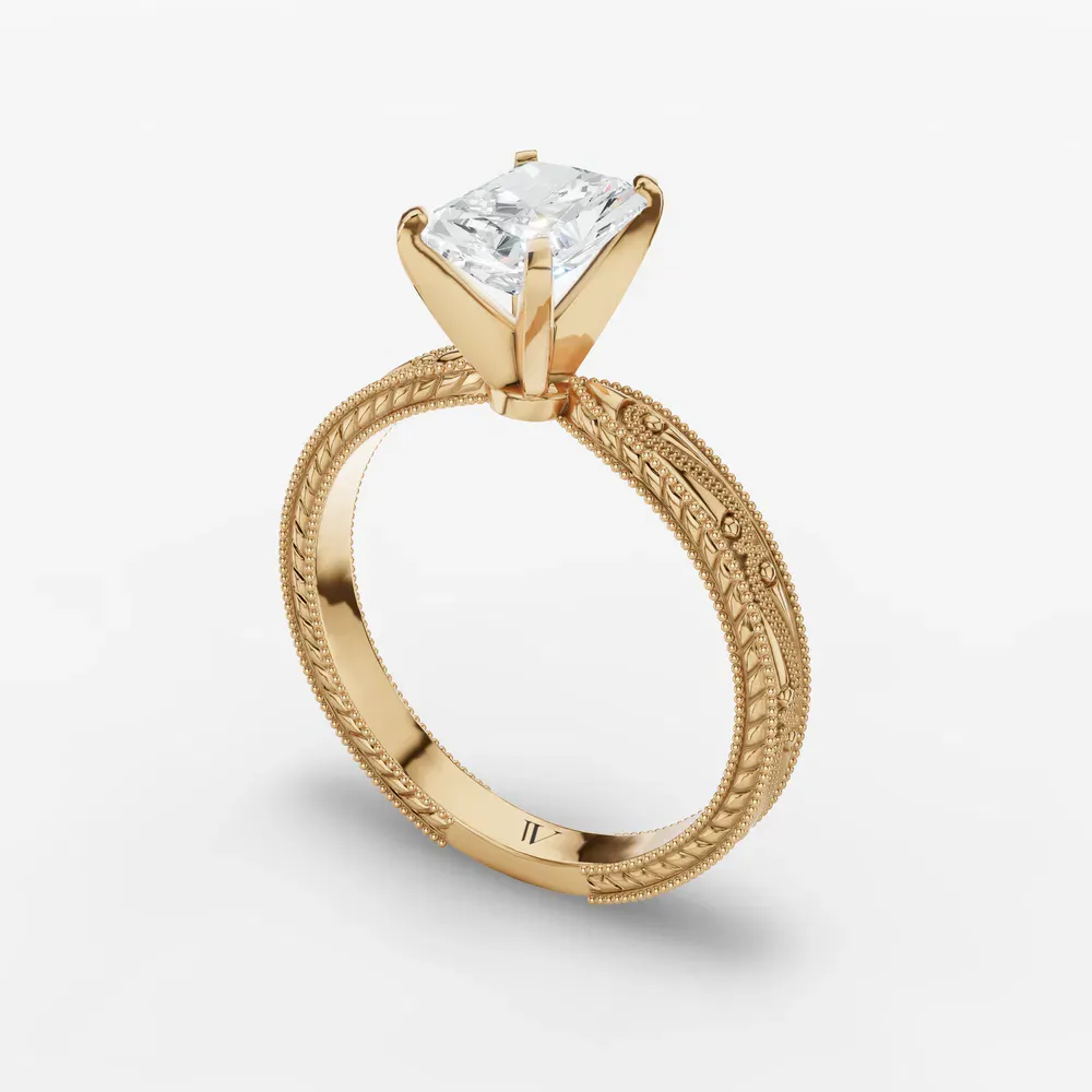 Certified 4 carat Lab Grown Diamond Radiant Cut Solitaire, Milgrain, Vintage Engagement Ring in 14K Yellow Gold-Lirae