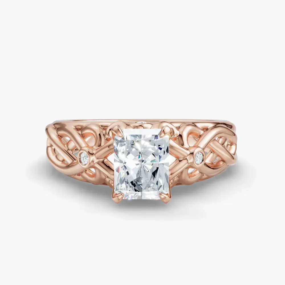 Certified 4 carat Lab Grown Diamond Radiant Cut Split Shank, Vintage, Twist Engagement Ring in 14K Rose Gold-Seren