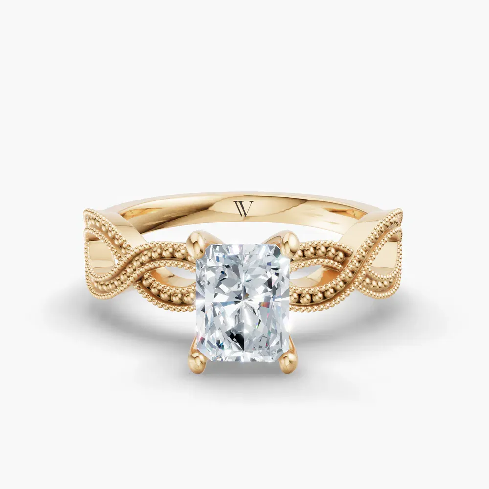 Certified 4 carat Lab Grown Diamond Radiant Cut Solitaire, Vintage, Unique Engagement Ring in 14K Yellow Gold-Niva