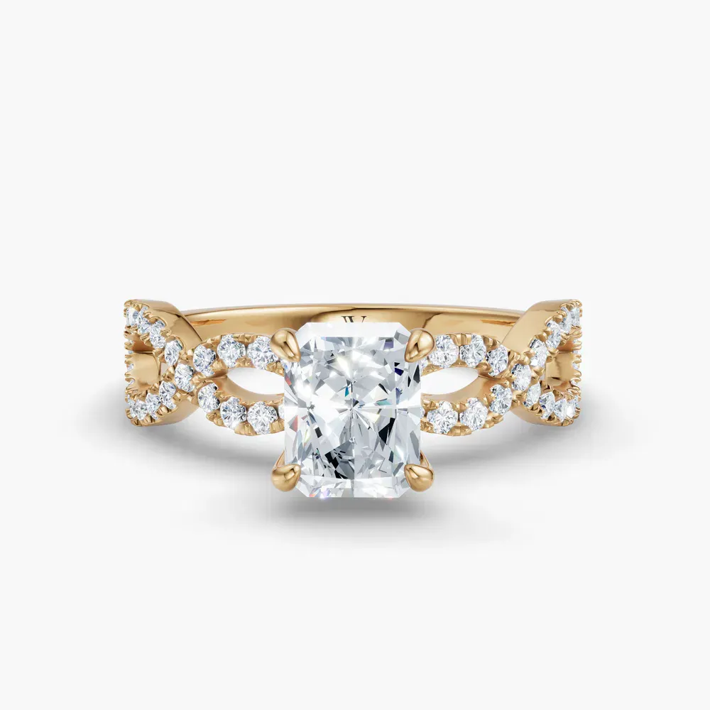 Certified 4 carat Lab Grown Diamond Radiant Cut Infinity, Twist, Pavé Engagement Ring in 14K Yellow Gold-Aurelia