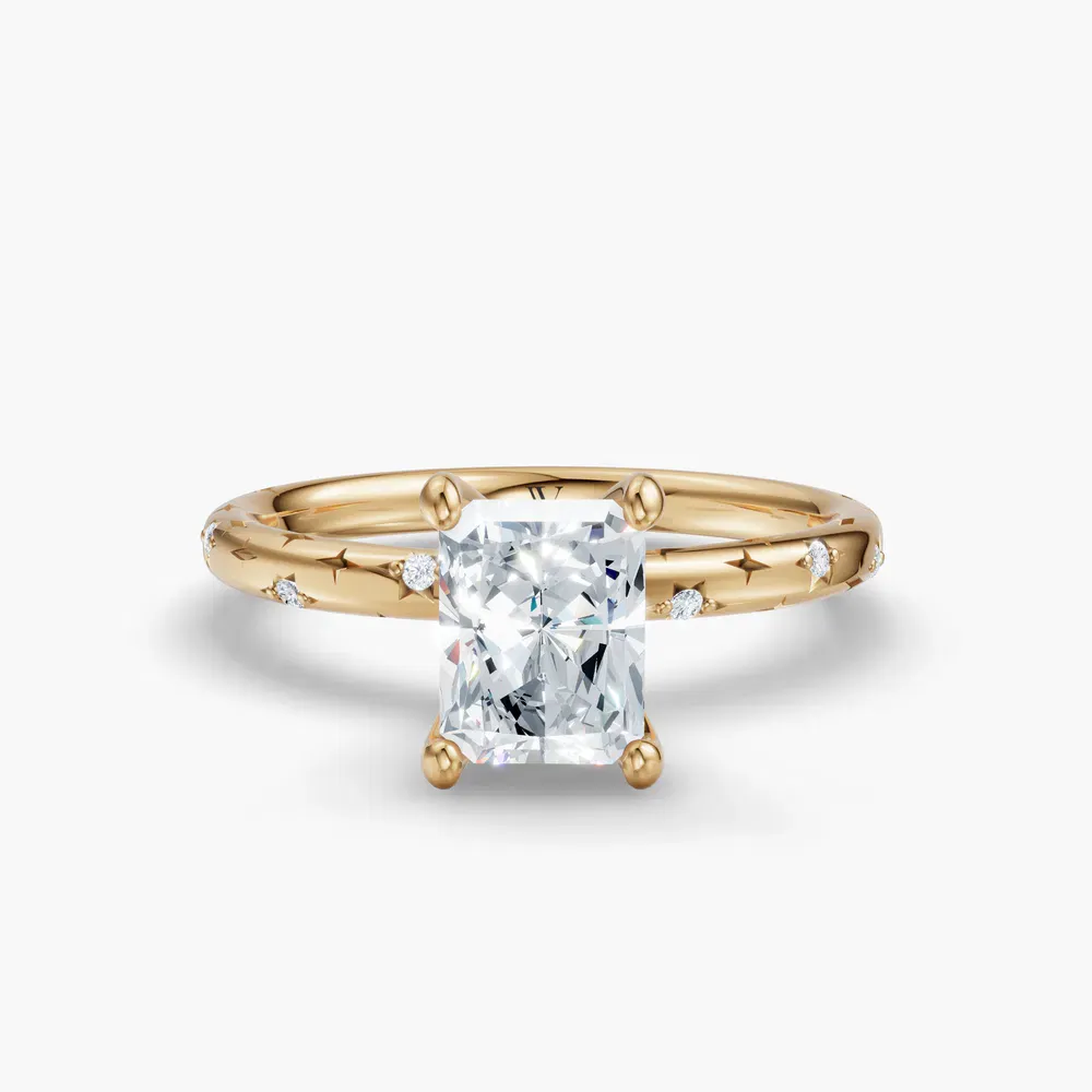 Certified 4 carat Lab Grown Diamond Radiant Cut Hidden Halo, Unique, Side Stone Engagement Ring in 14K Yellow Gold-Celestyn