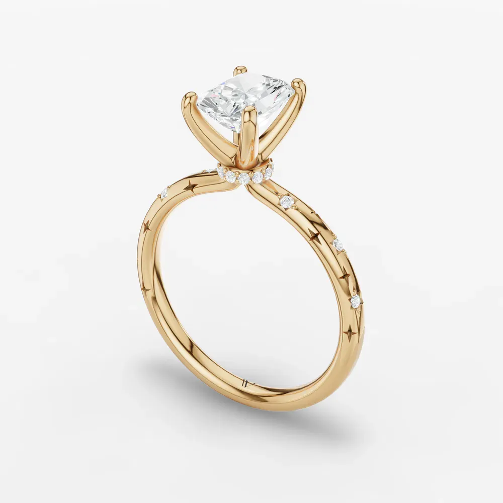 Certified 4 carat Lab Grown Diamond Radiant Cut Hidden Halo, Unique, Side Stone Engagement Ring in 14K Yellow Gold-Celestyn