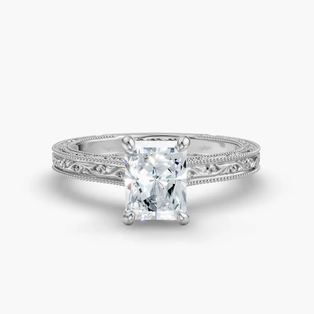 Certified 4 carat Lab Grown Diamond Radiant Cut Hidden Halo, Cathedral, Vintage Engagement Ring in 14K White Gold-Echo