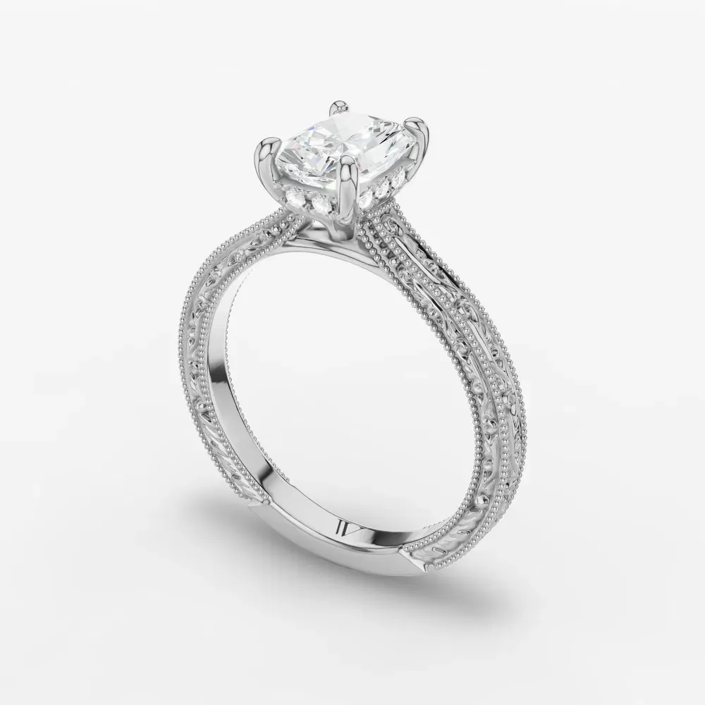 Certified 4 carat Lab Grown Diamond Radiant Cut Hidden Halo, Cathedral, Vintage Engagement Ring in 14K White Gold-Echo