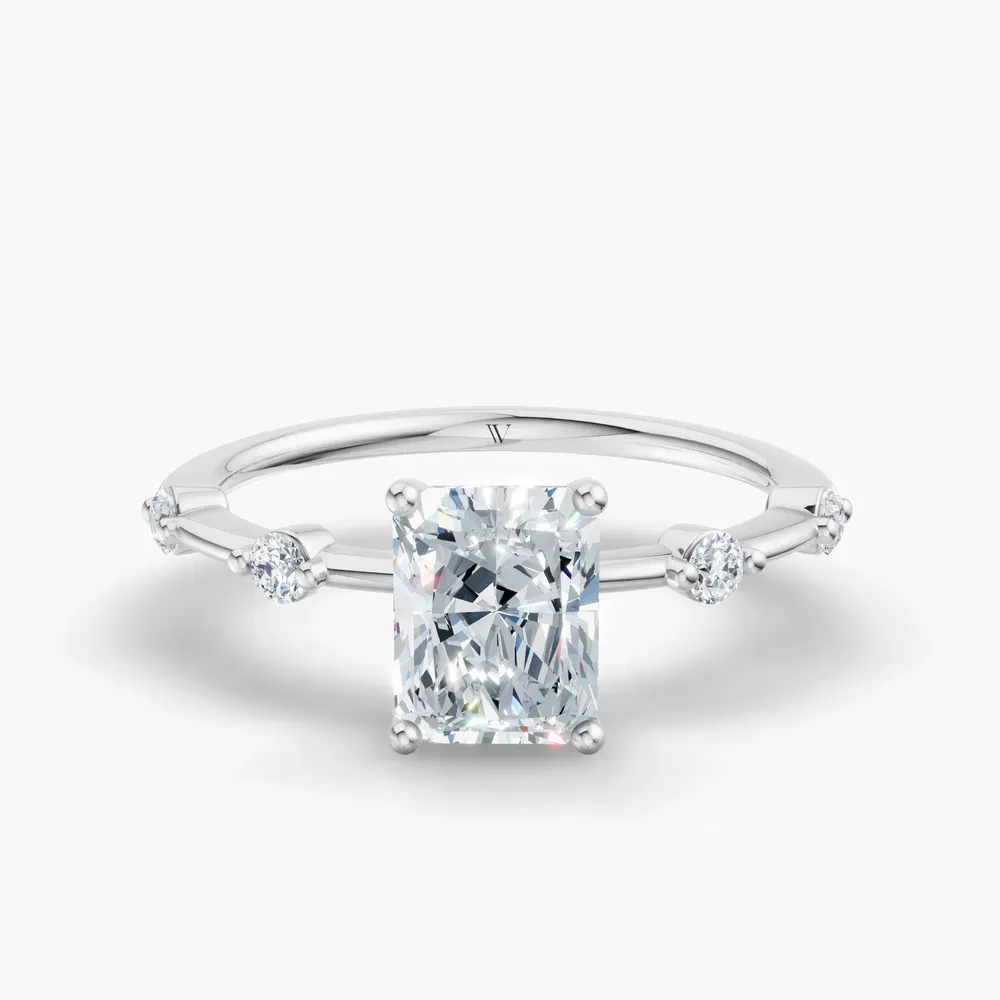 Certified 1 carat Lab Grown Diamond Radiant Cut Low profile, Side Stone Engagement Ring in 14K White Gold-Hriw