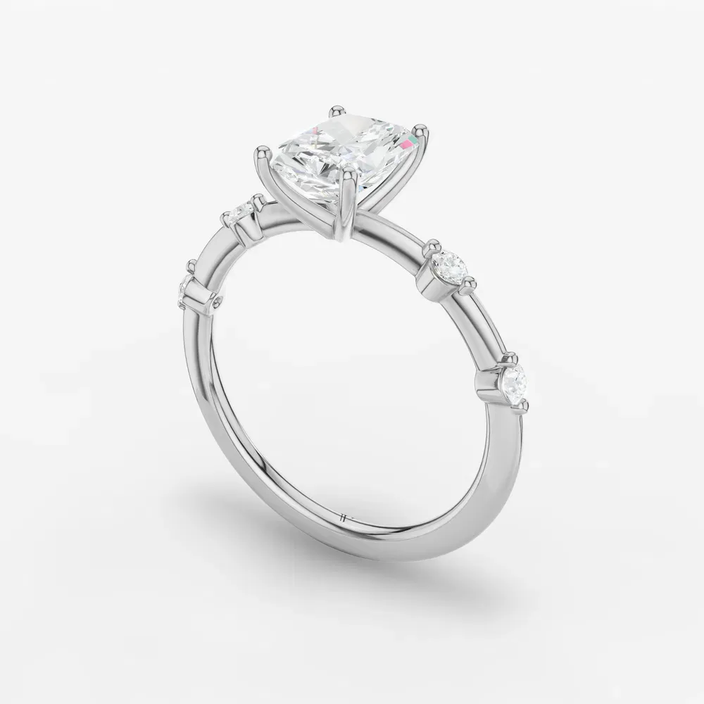 Certified 1 carat Lab Grown Diamond Radiant Cut Low profile, Side Stone Engagement Ring in 14K White Gold-Hriw