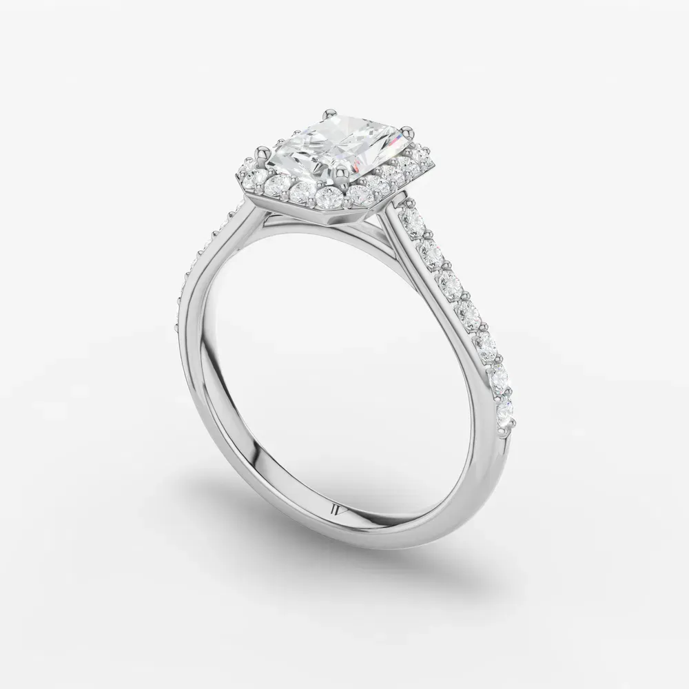 Certified 1 carat Lab Grown Diamond Radiant Cut Pavé, Halo, Cathedral Engagement Ring in 14K White Gold-Kvolt