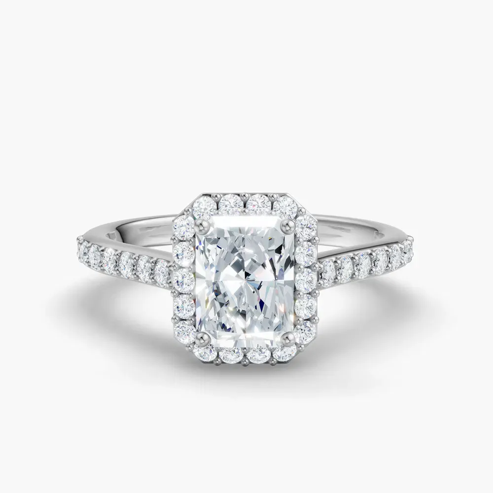 Certified 1 carat Lab Grown Diamond Radiant Cut Pavé, Halo, Cathedral Engagement Ring in 14K White Gold-Kvolt