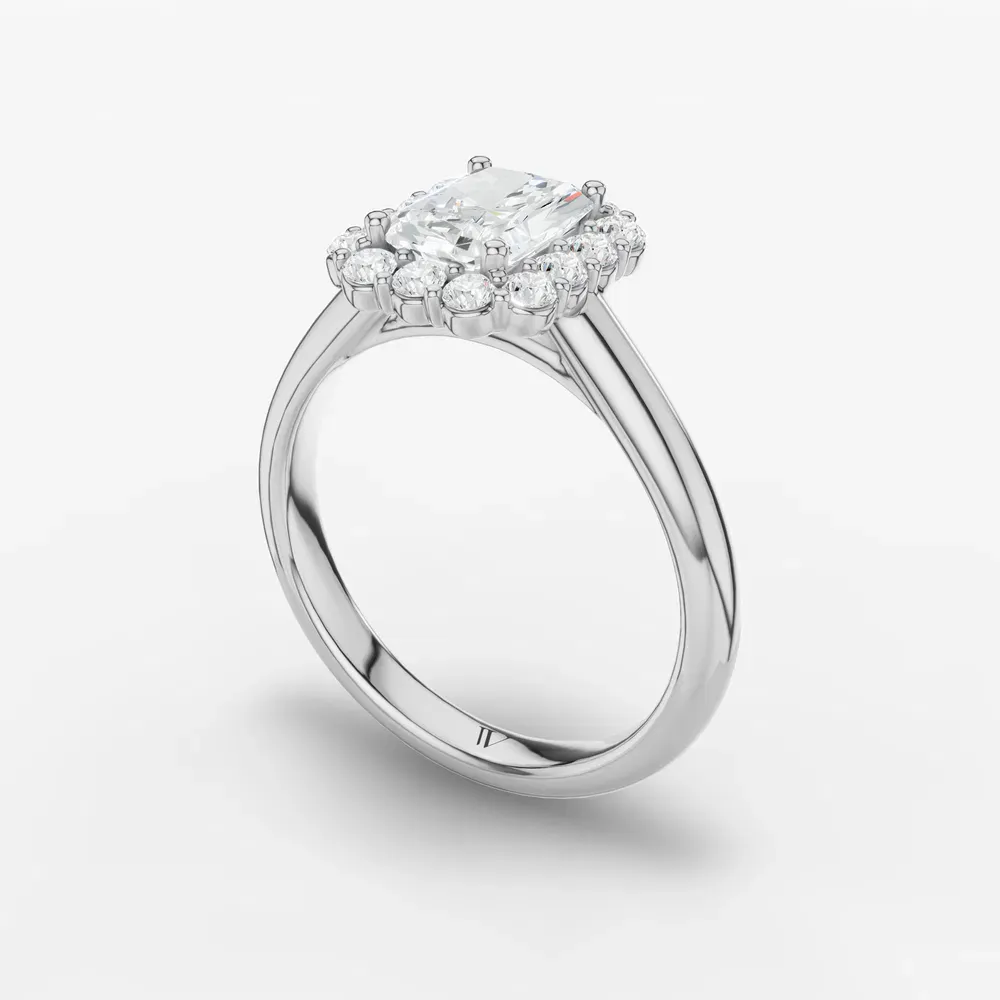 Certified 1 carat Lab Grown Diamond Radiant Cut Cathedral, Halo, Floral Engagement Ring in 14K White Gold-Arwen