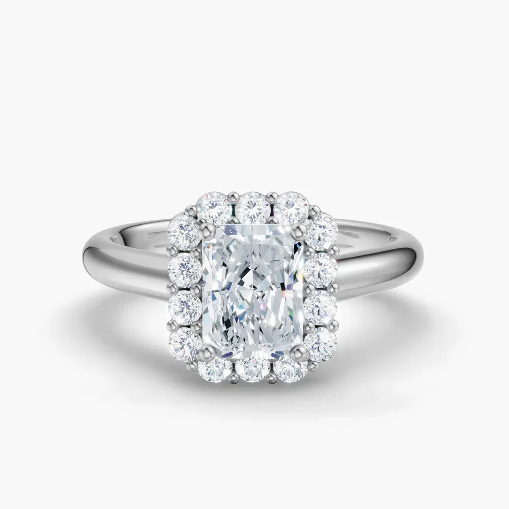 Certified 1 carat Lab Grown Diamond Radiant Cut Cathedral, Halo, Floral Engagement Ring in 14K White Gold-Arwen
