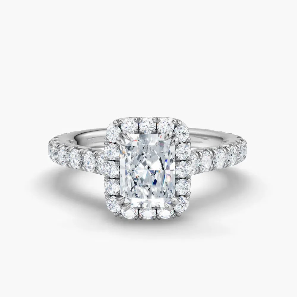 Certified 1 carat Lab Grown Diamond Radiant Cut Cathedral, Pavé, Halo Engagement Ring in 14K White Gold-Zaria