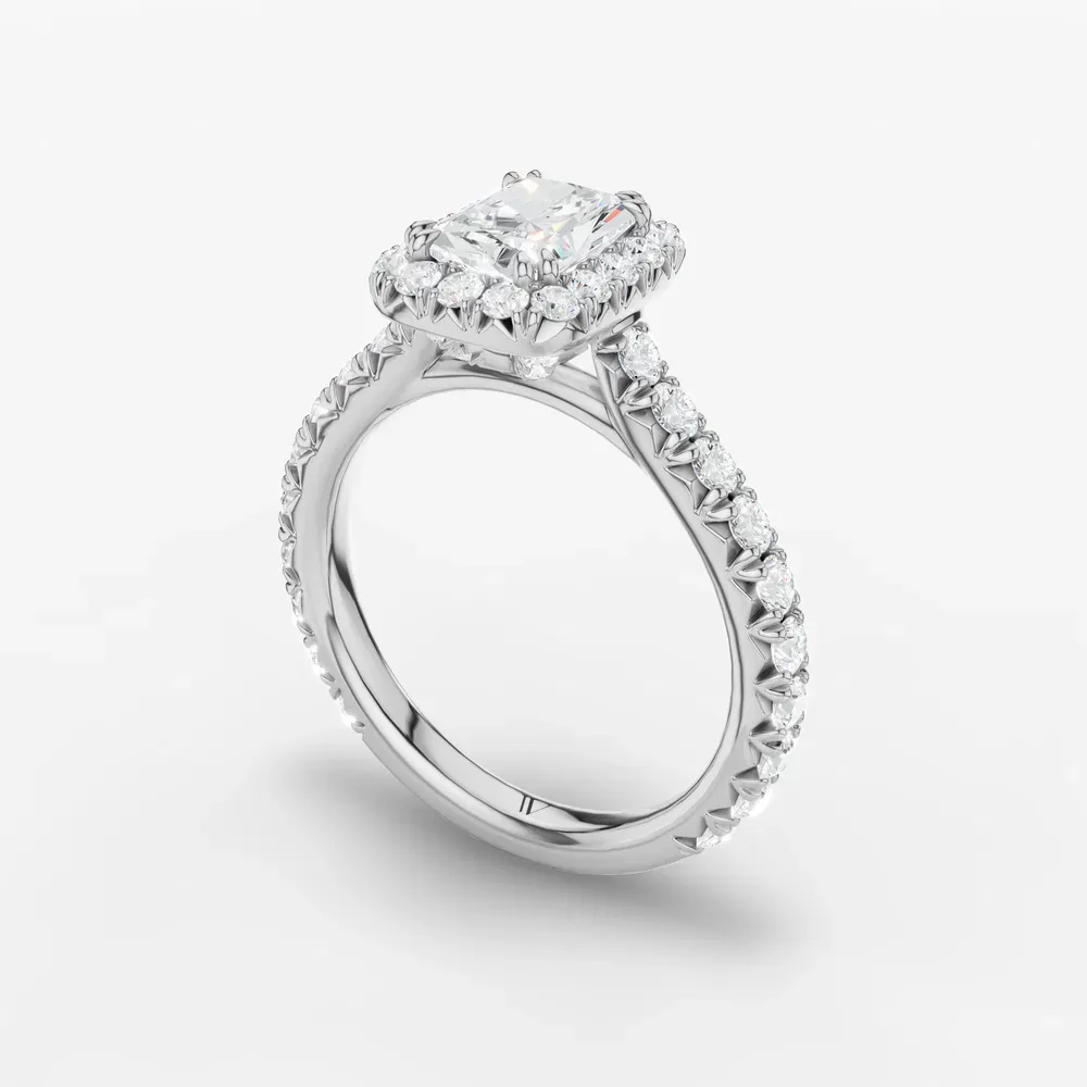 Certified 1 carat Lab Grown Diamond Radiant Cut Cathedral, Pavé, Halo Engagement Ring in 14K White Gold-Zaria
