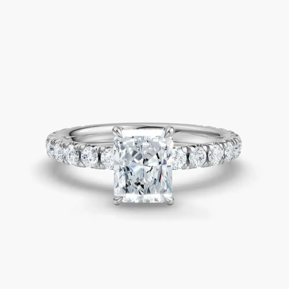 Certified 1 carat Lab Grown Diamond Radiant Cut Pavé, Hidden Halo, Low profile Engagement Ring in 14K White Gold-Cyrra