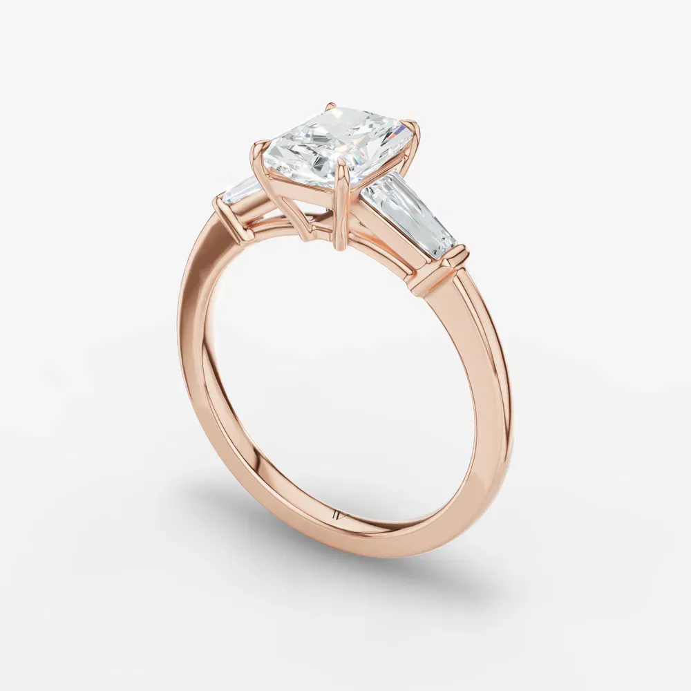 Certified 1 carat Lab Grown Diamond Radiant Cut Three Stone, Baguette, Cathedral Engagement Ring in 14K Rose Gold-Glyss