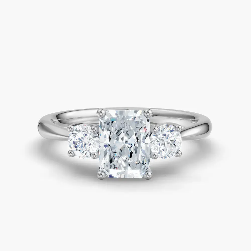 Certified 1 carat Lab Grown Diamond Radiant Cut Three Stone, Side Stone, Low profile Engagement Ring in 14K White Gold-Dhyra