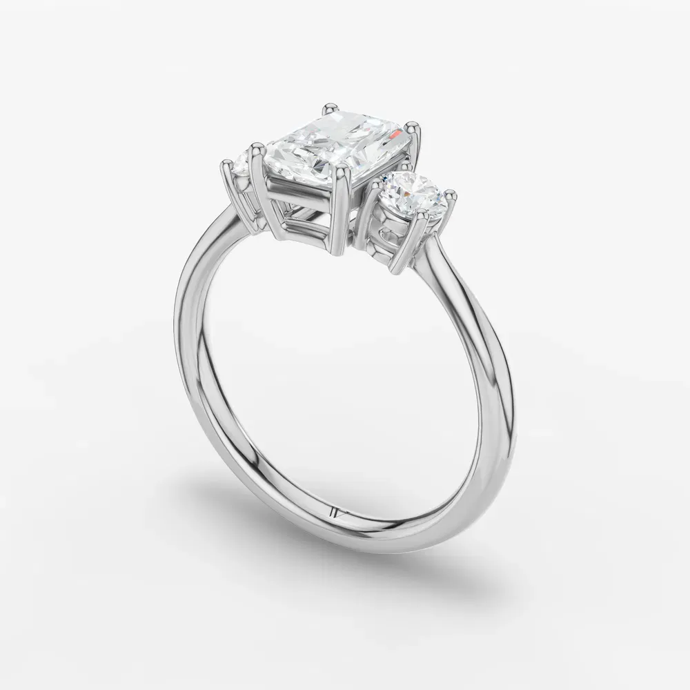 Certified 1 carat Lab Grown Diamond Radiant Cut Three Stone, Side Stone, Low profile Engagement Ring in 14K White Gold-Dhyra