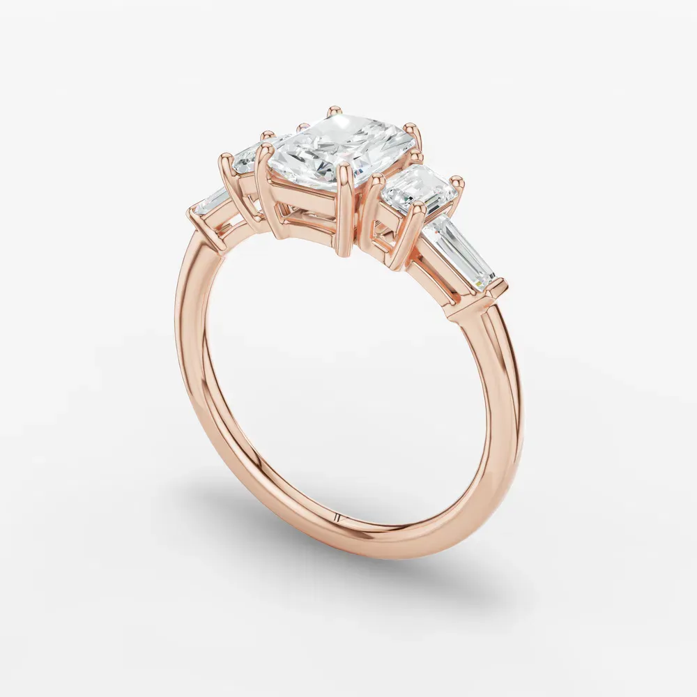 Certified 1 carat Lab Grown Diamond Radiant Cut Five Stone, Baguette, Art Deco Engagement Ring in 14K Rose Gold-Olume