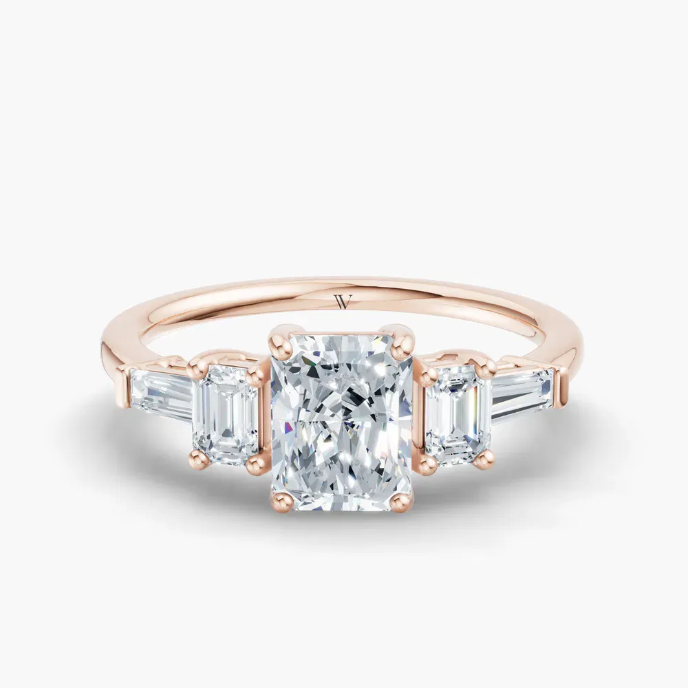 Certified 1 carat Lab Grown Diamond Radiant Cut Five Stone, Baguette, Art Deco Engagement Ring in 14K Rose Gold-Olume