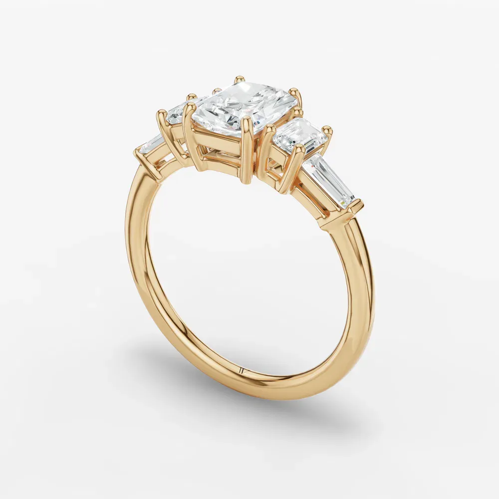 Certified 1 carat Lab Grown Diamond Radiant Cut Five Stone, Baguette, Art Deco Engagement Ring in 14K Yellow Gold-Olume
