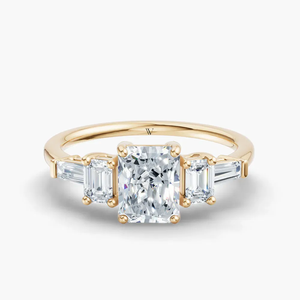 Certified 1 carat Lab Grown Diamond Radiant Cut Five Stone, Baguette, Art Deco Engagement Ring in 14K Yellow Gold-Olume